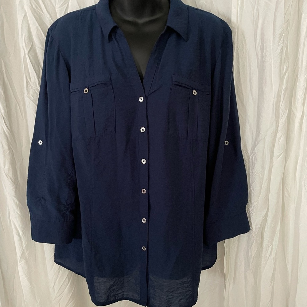 Dress Barn Navy Long Sleeve Button Down‎ Blouse